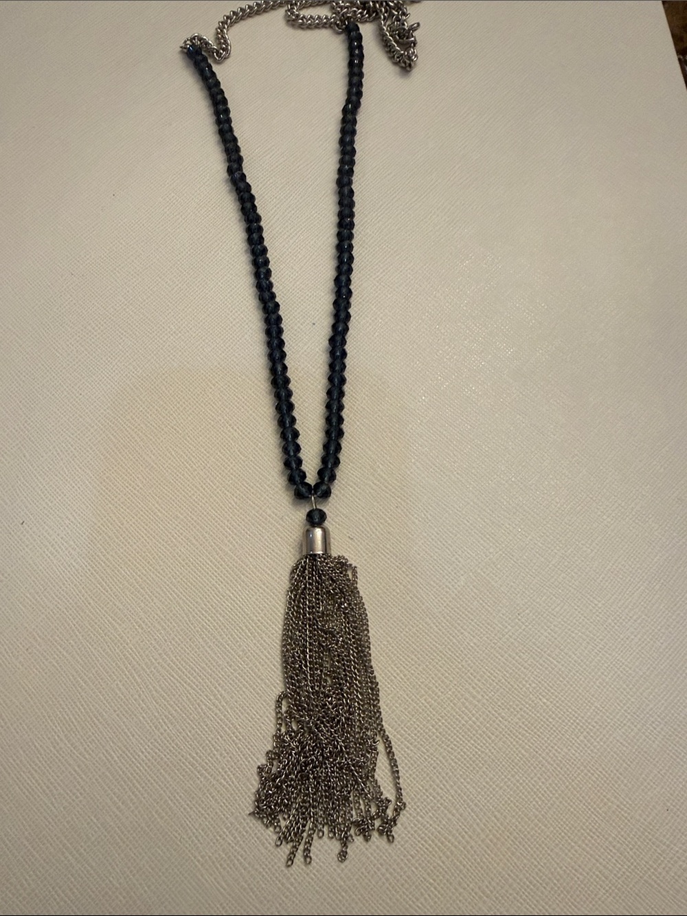 Blue Beaded Necklace with Silver Tassel